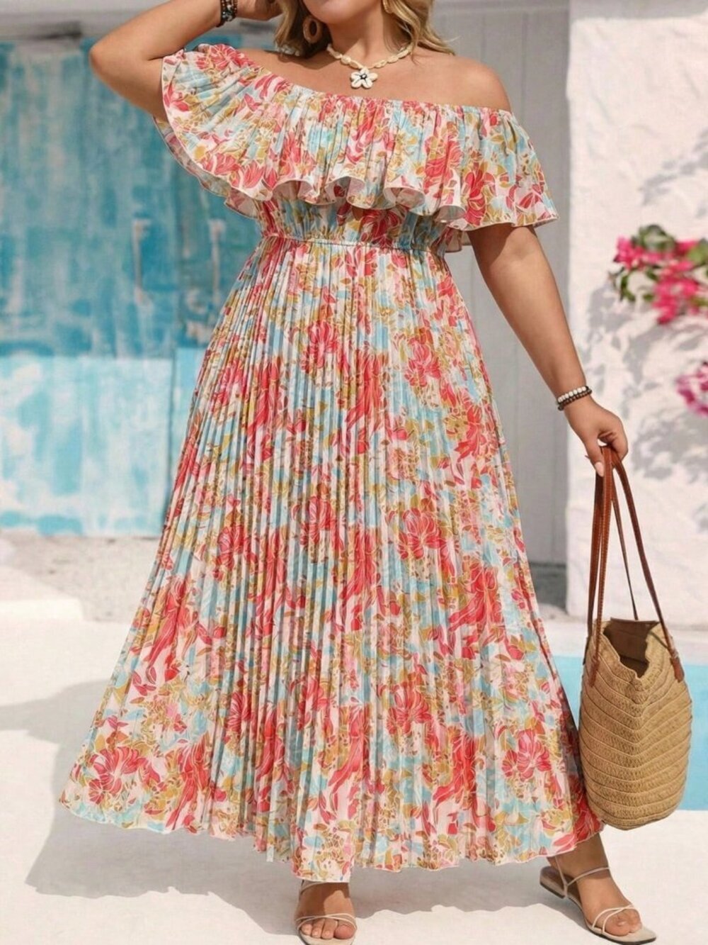 Pink Boho Plus Size Women's Floral Print Off-Shoulder Maxi Dress - Picture 2 of 11